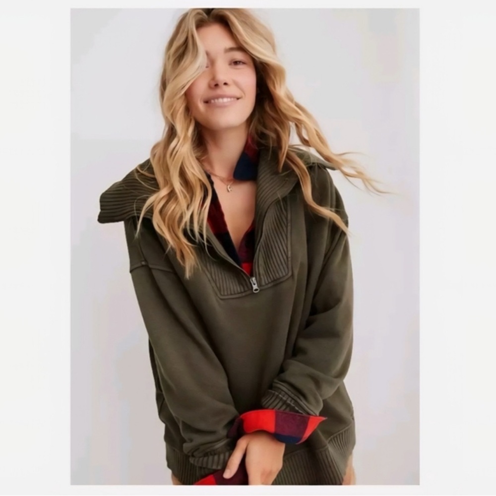 Aerie Olive Green Half-Zip Sweater